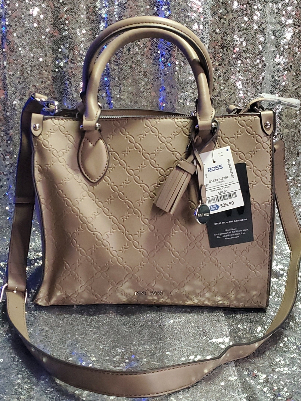 Nine West Taupe Embossed Satchel with Tassel Charm